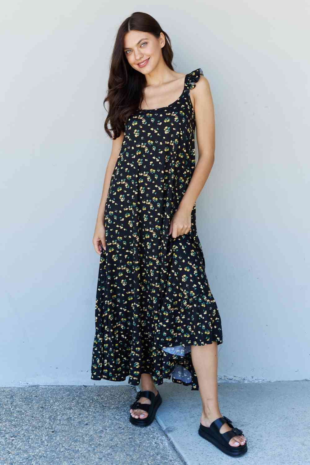 Doublju In The Garden Ruffle Floral Maxi Dress in Black Yellow Floral - TRENDMELO