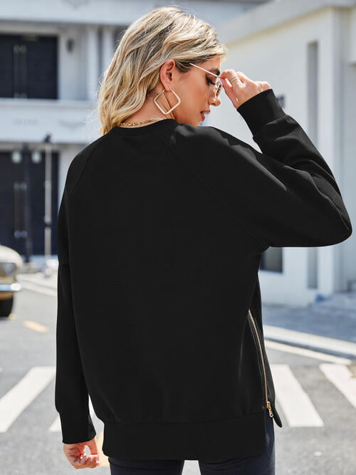 Zip Detail Round Neck Long Sleeve Sweatshirt - TRENDMELO