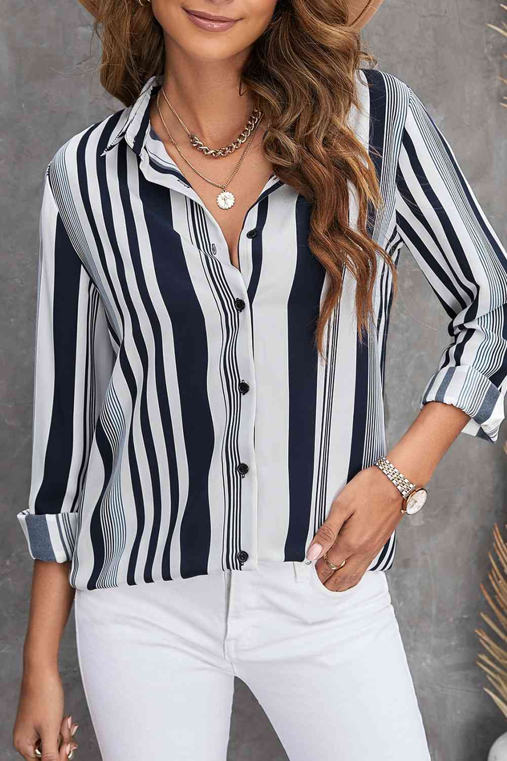 Striped Button-Down Long Sleeve Shirt - TRENDMELO