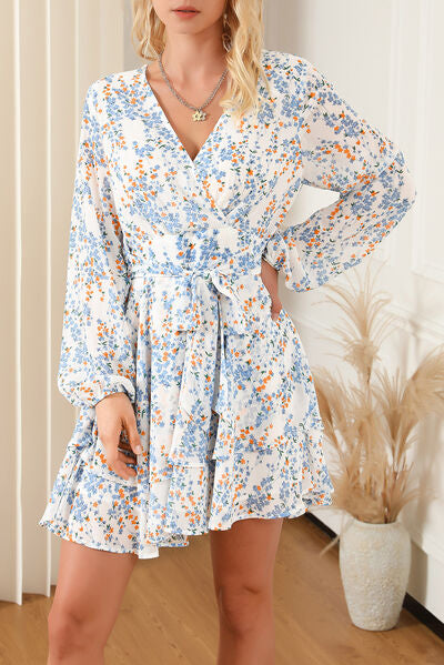 Printed Surplice Balloon Sleeve Mini Dress - TRENDMELO