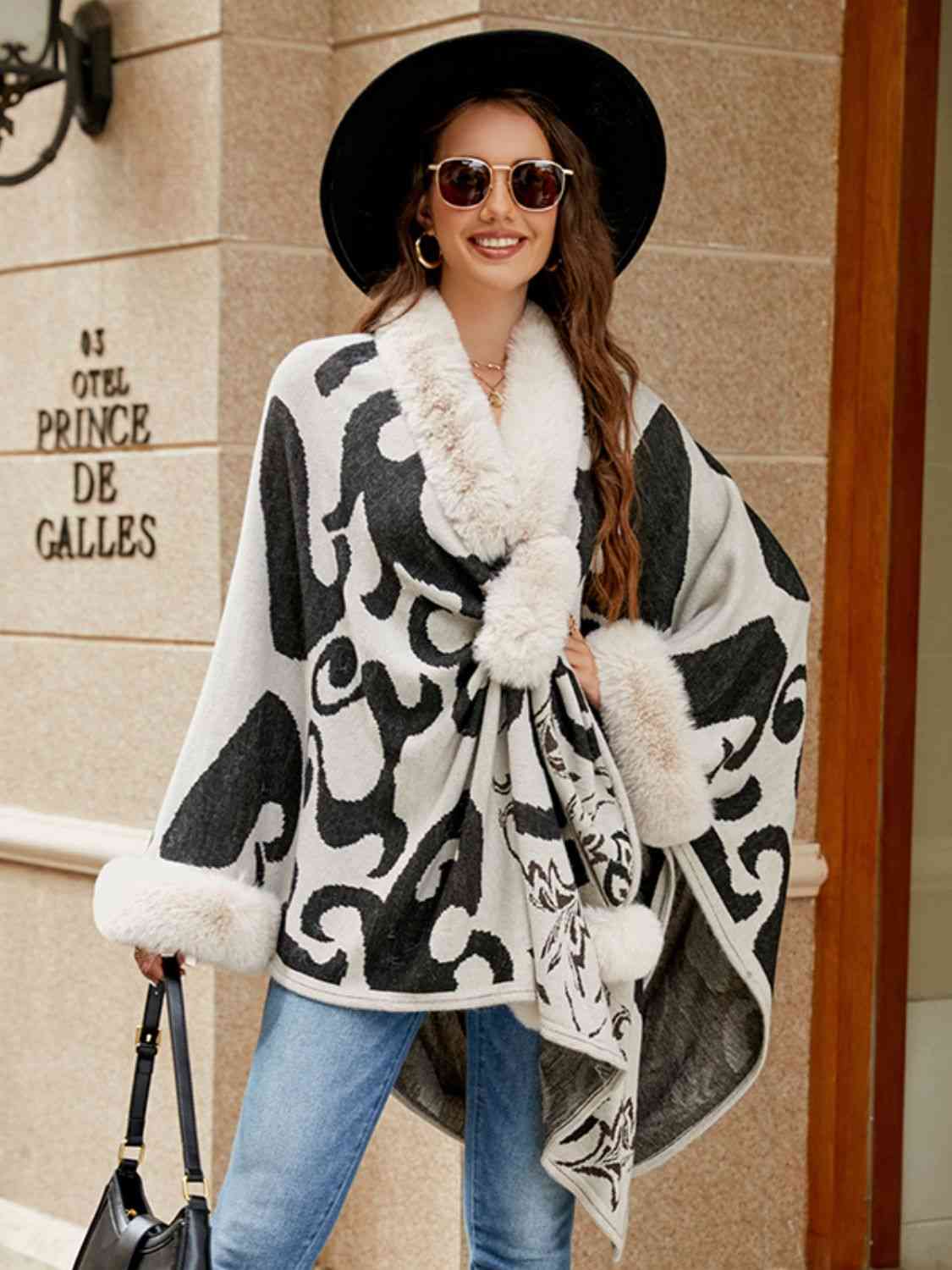 Faux Fur Trim Poncho - TRENDMELO