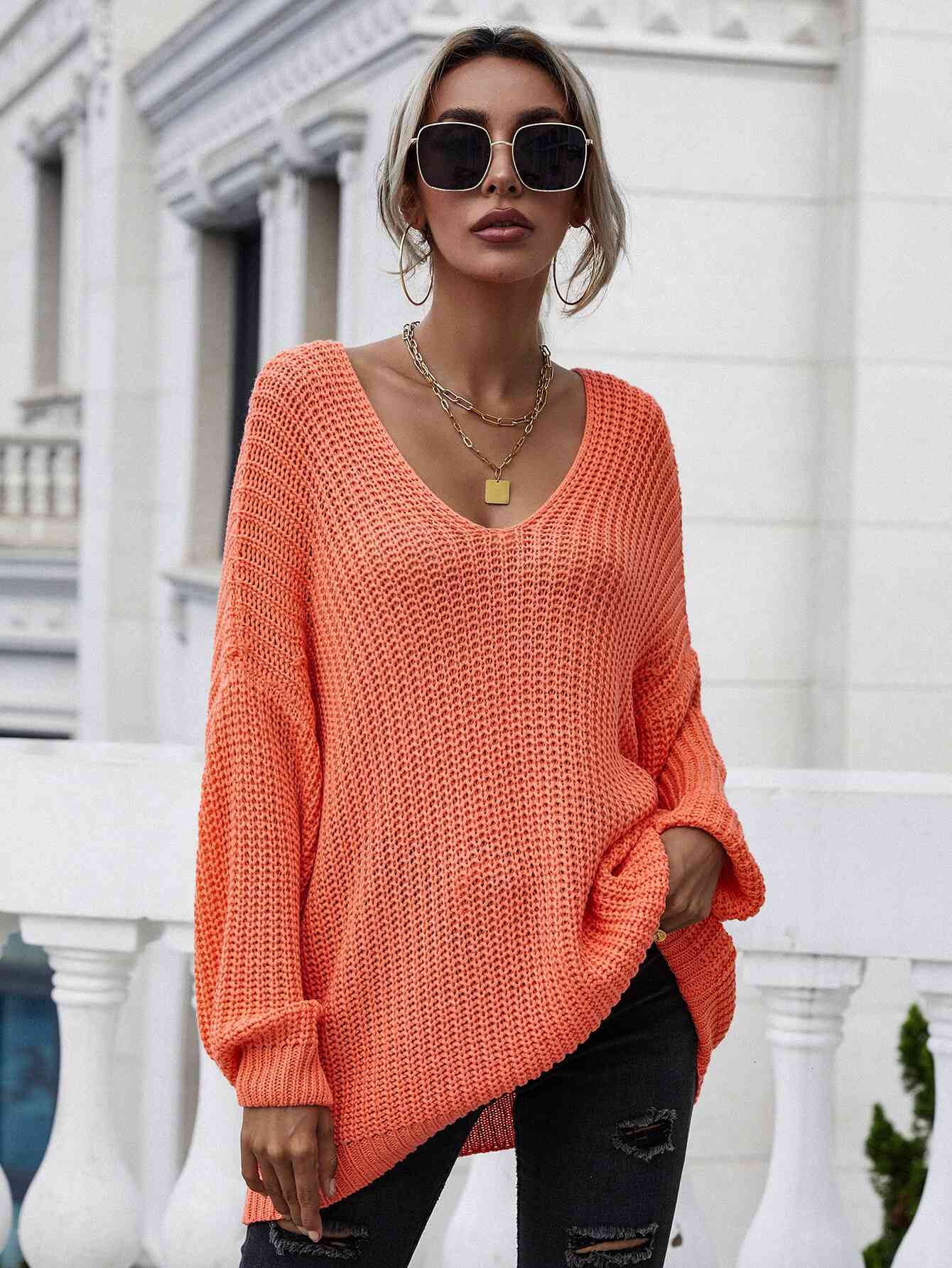 Rib-Knit Drop Shoulder V-Neck Pullover Sweater - TRENDMELO