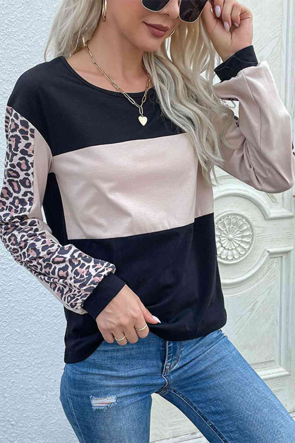 Leopard Color Block Long Sleeve Sweatshirt - TRENDMELO