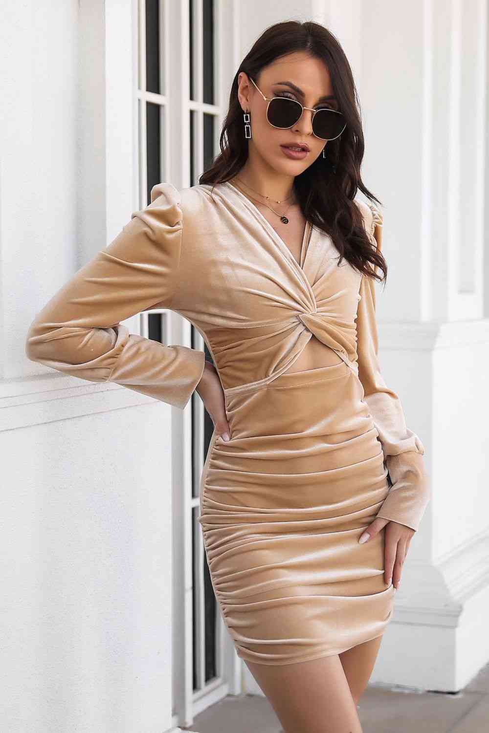 Twist Front Cutout Long Sleeve Dress - TRENDMELO