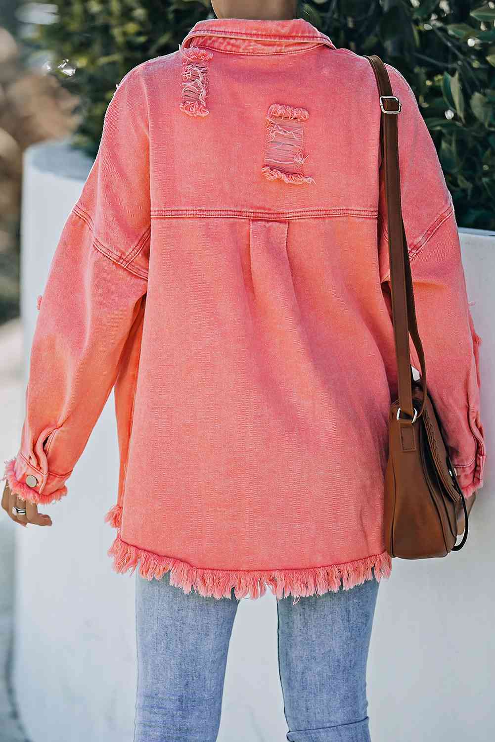 Double Take Distressed Fringe Trim Button Up Jacket - TRENDMELO