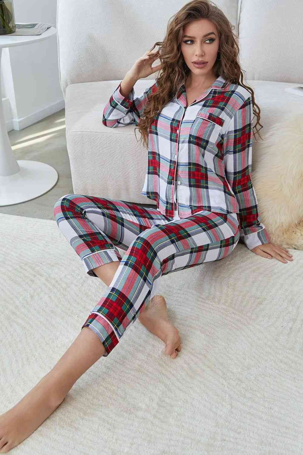 Plaid Button Front Top and Pants Lounge Set - TRENDMELO