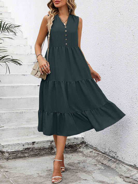 V-Neck Sleeveless Tiered Dress - TRENDMELO