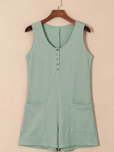 Waffle-Knit Half Button Sleeveless Romper with Pockets - TRENDMELO