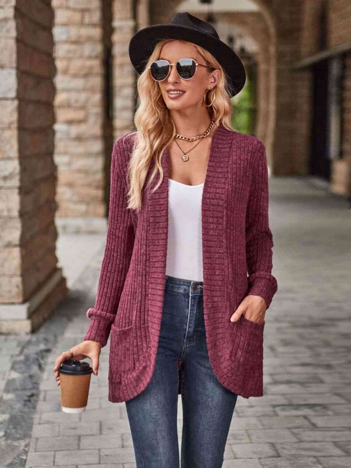 Open Front Cardigan with Pockets - TRENDMELO