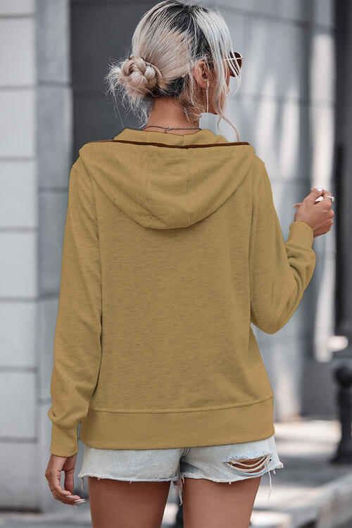 Half Button Drawstring Long Sleeve Hoodie - TRENDMELO