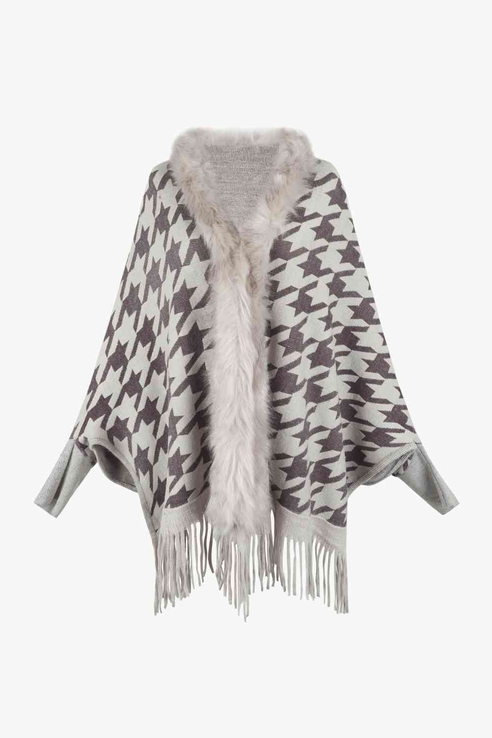 Houndstooth Fringe Hem Poncho - TRENDMELO