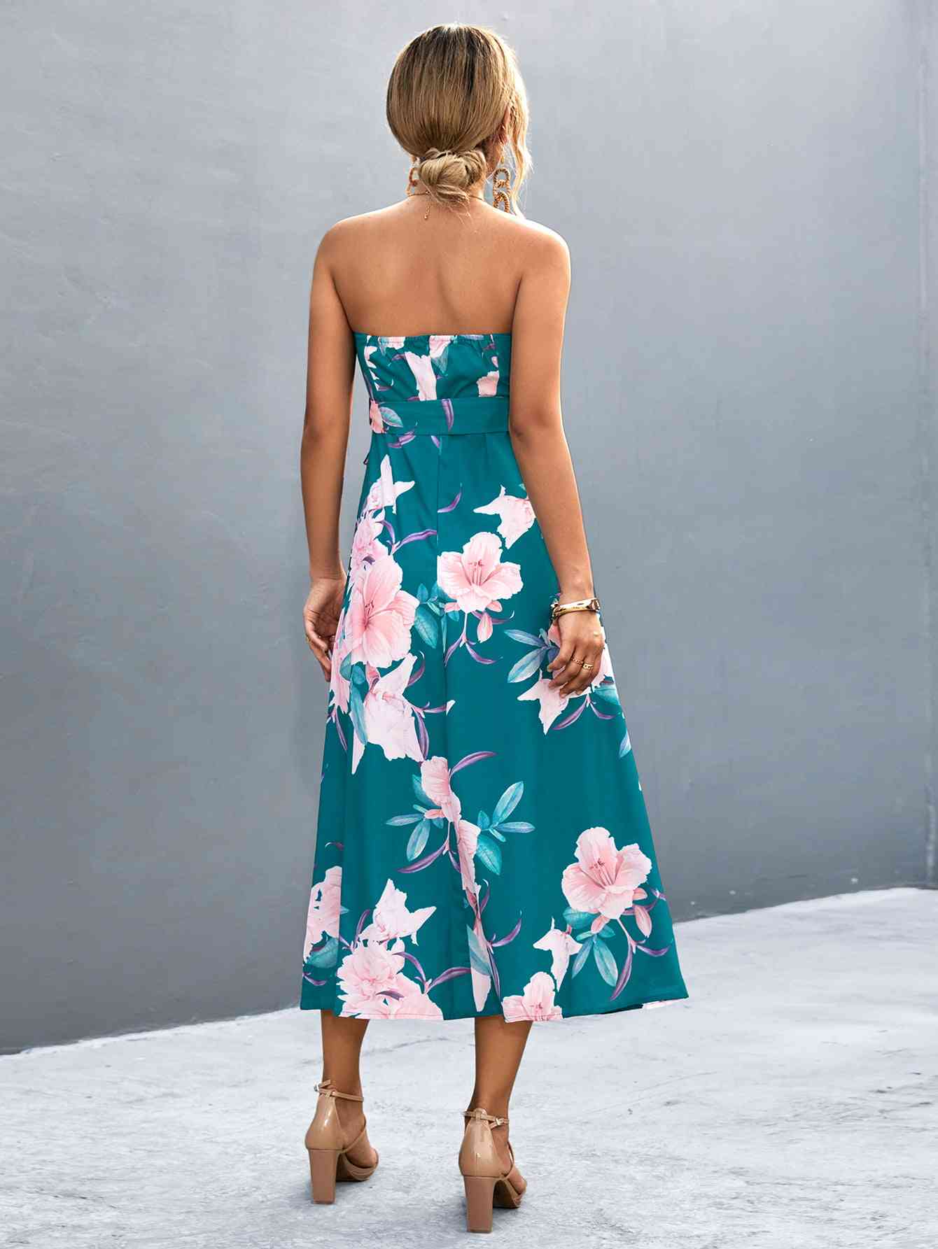 Floral Print Tie Waist Straight Neck Midi Dress - TRENDMELO