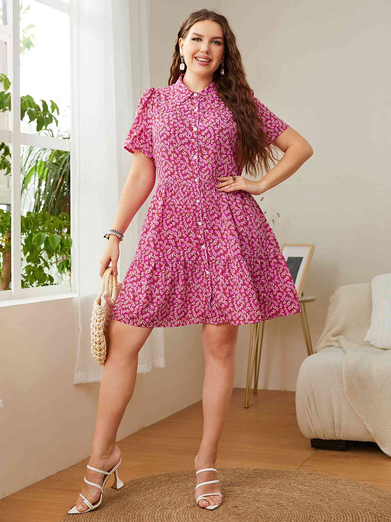 Plus Size Printed Short Sleeve Collared Dress - TRENDMELO