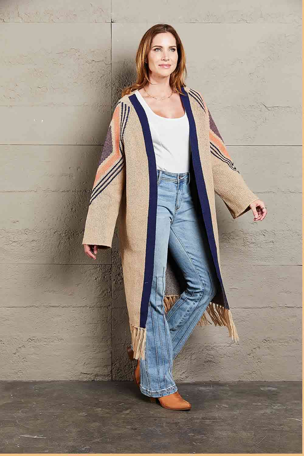 Double Take Geometric Fringe Hem Open Front Duster Cardigan - TRENDMELO