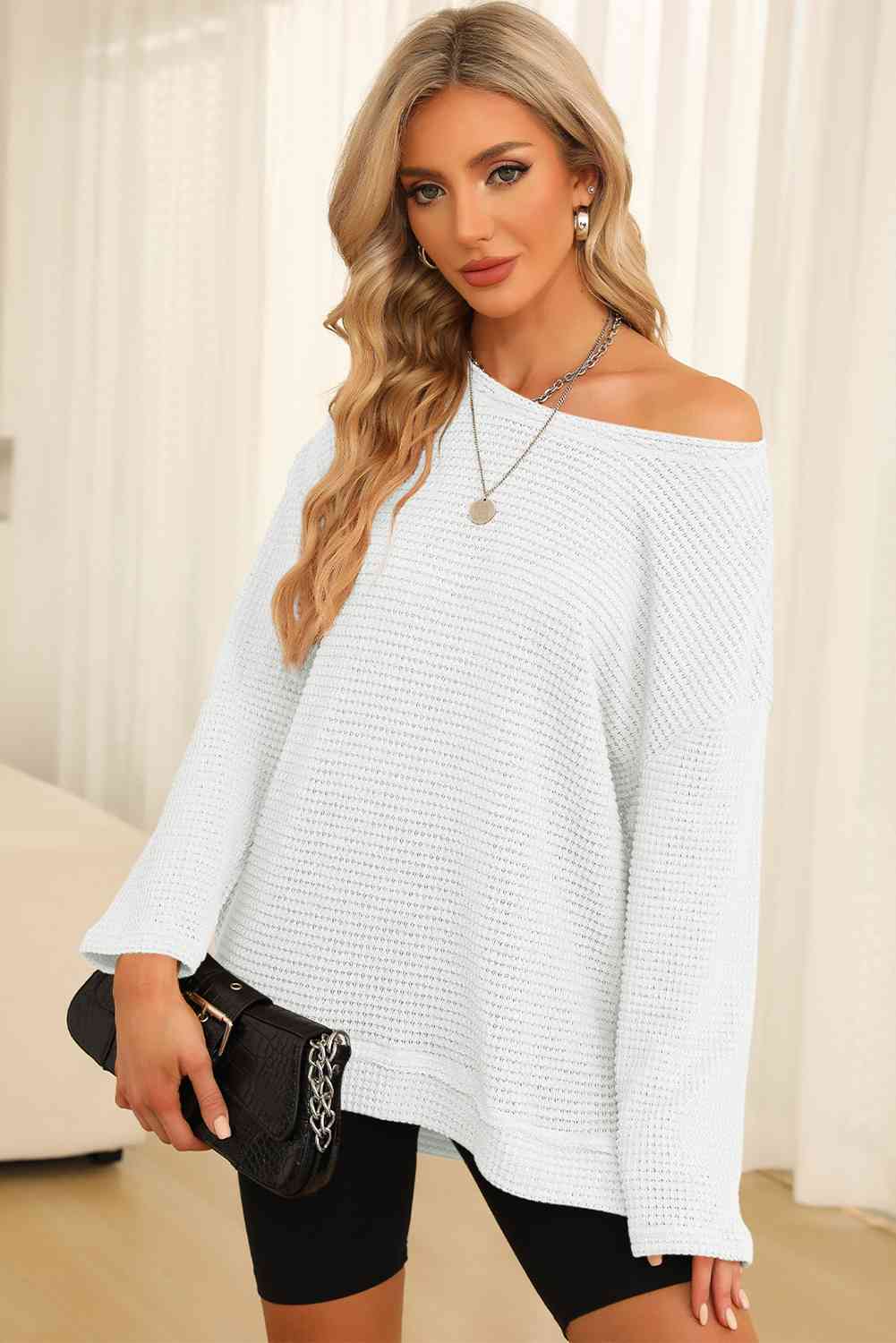 Waffle-Knit Round Neck Long Sleeve Sweatshirt - TRENDMELO