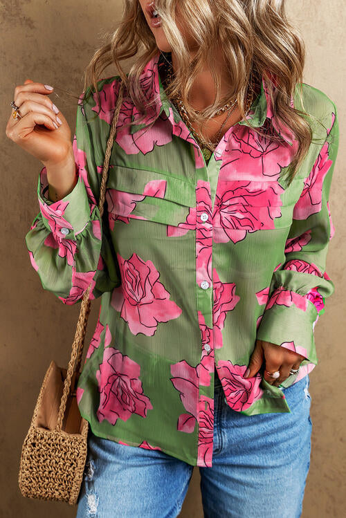 Flower Collared Neck Long Sleeve Shirt - TRENDMELO