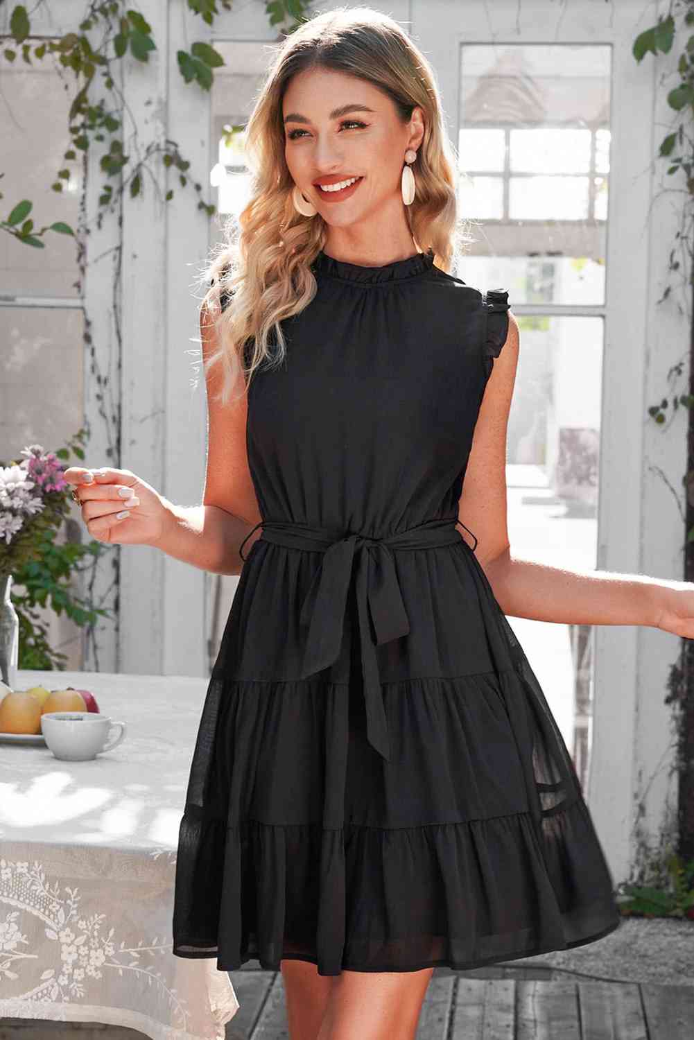 Ruffle Collar Tie Belt Tiered Dress - TRENDMELO