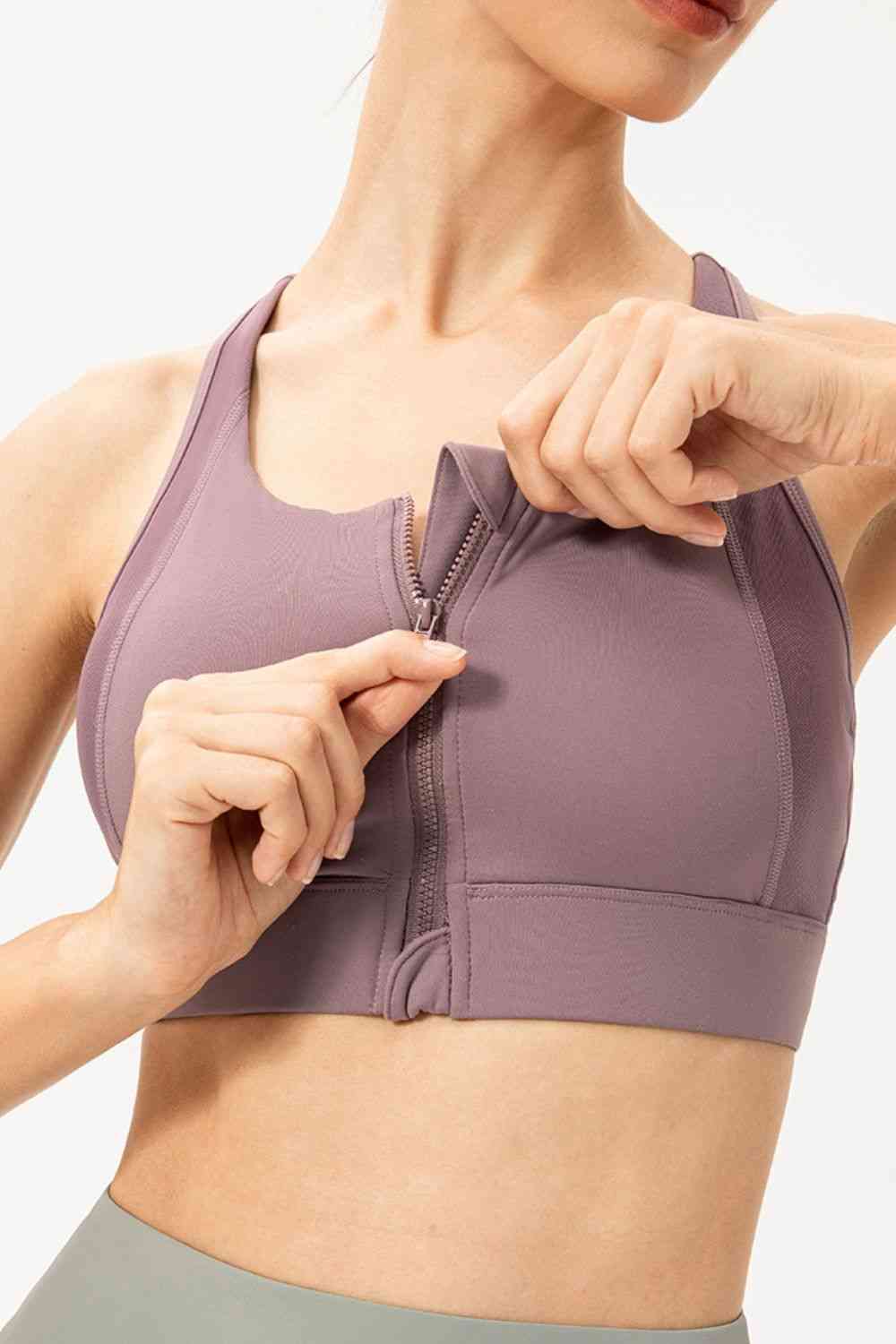 Zip-Up Round Neck Sports Bra - TRENDMELO