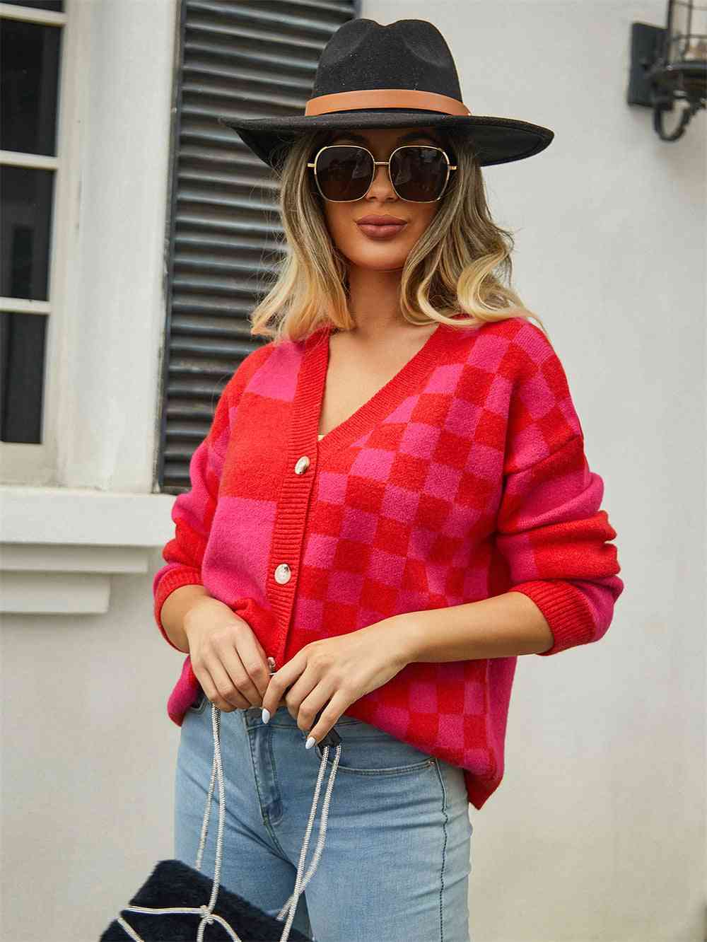 Plaid V-Neck Dropped Shoulder Cardigan - TRENDMELO