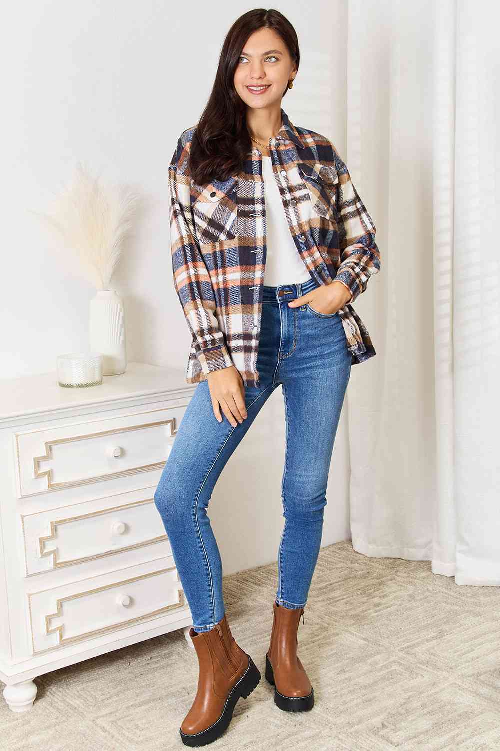 Double Take Plaid Button Front Shirt Jacket with Breast Pockets - TRENDMELO