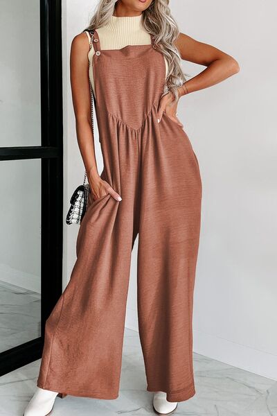 Waffle-knit Wide Leg Overall with Pockets - TRENDMELO