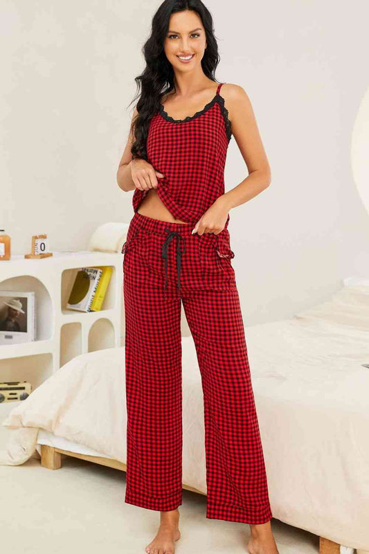 Plaid Lace Trim Cami and Drawstring Pants Pajama Set - TRENDMELO