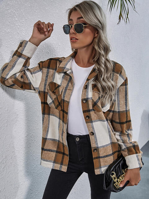 Plaid Button Down Collared Jacket - TRENDMELO