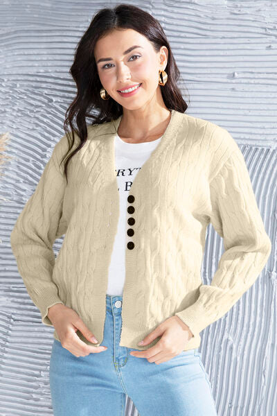 Cable-Knit Button Up Dropped Shoulder Cardigan - TRENDMELO