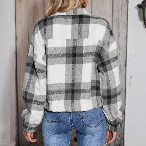 Plaid Zip-Up Collared Jacket - TRENDMELO