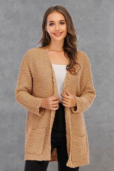 Pocketed Open Front Long Sleeve Cardigan - TRENDMELO