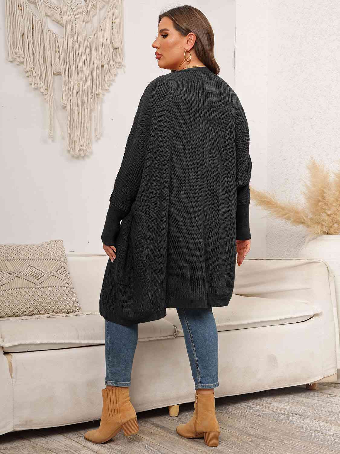 Plus Size Open Front Cardigan With Pockets - TRENDMELO