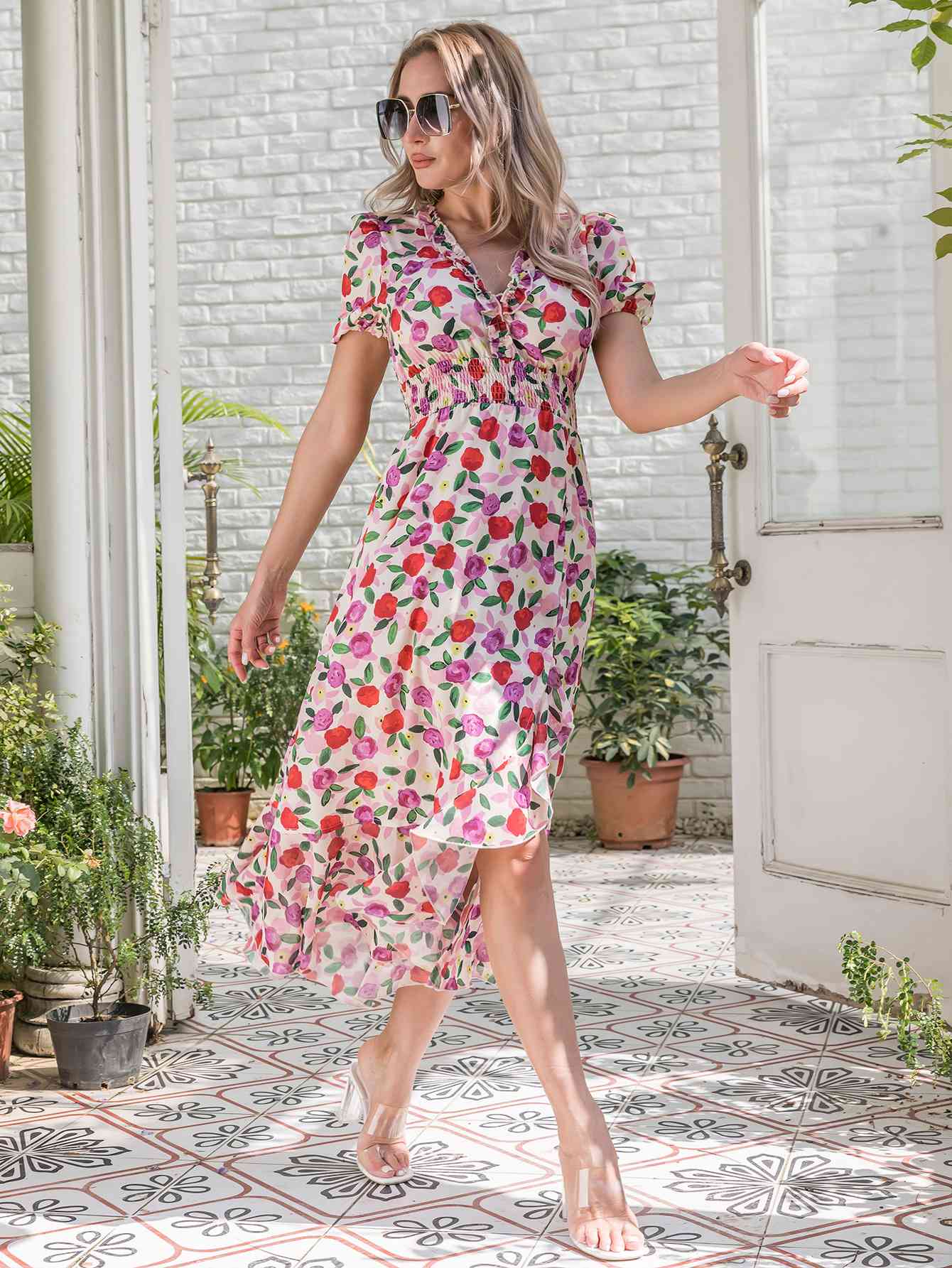 Floral Frill Trim Surplice Ruffle Hem Dress - TRENDMELO