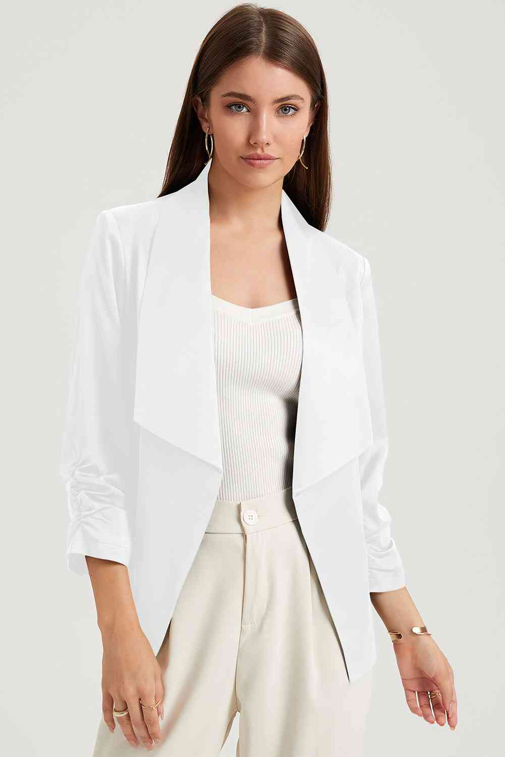 Ruched Open Front Blazer - TRENDMELO