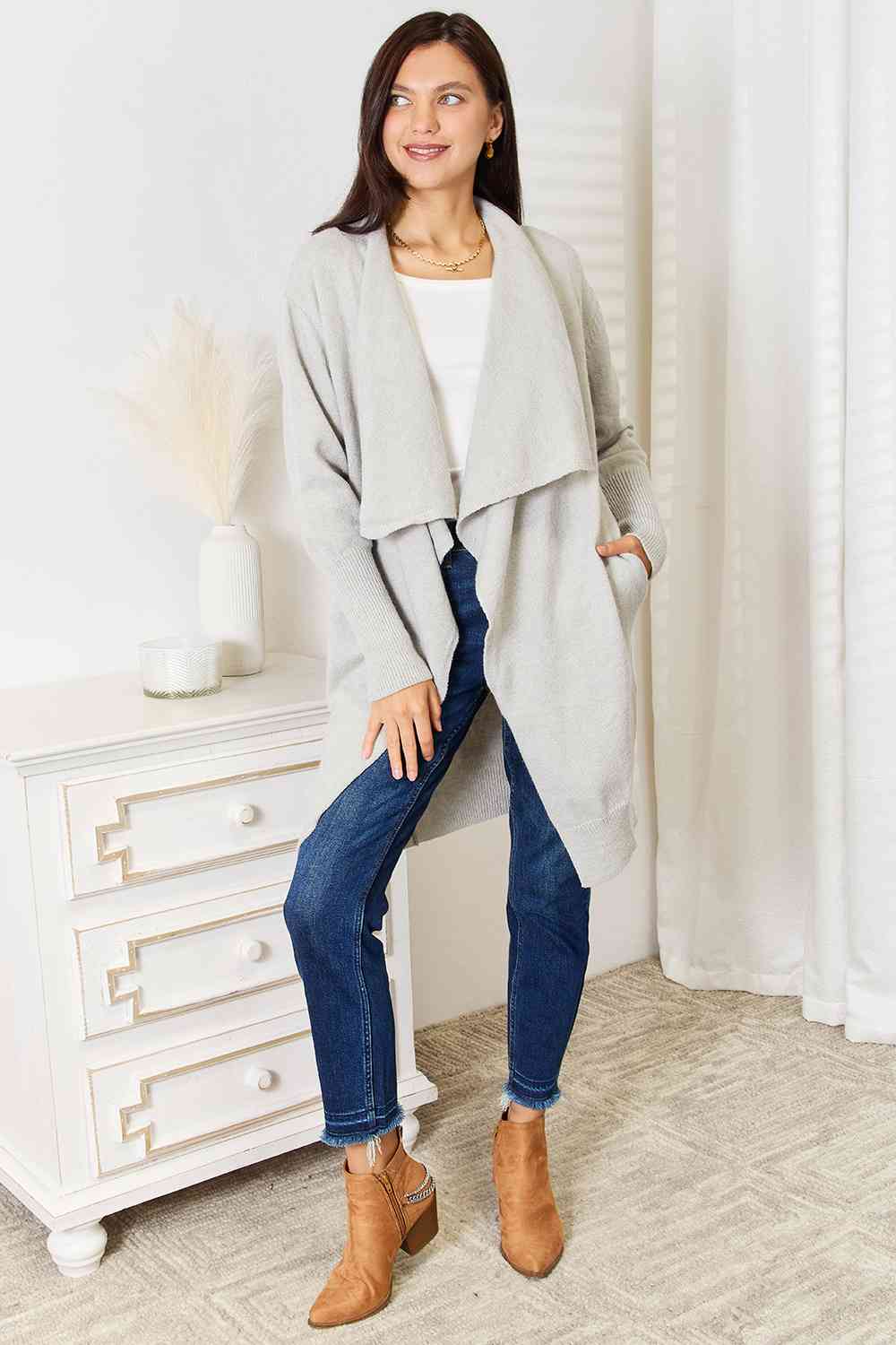 Double Take Open Front Duster Cardigan with Pockets - TRENDMELO