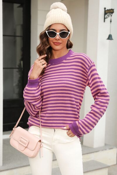 Striped Round Neck Dropped Shoulder Sweater - TRENDMELO