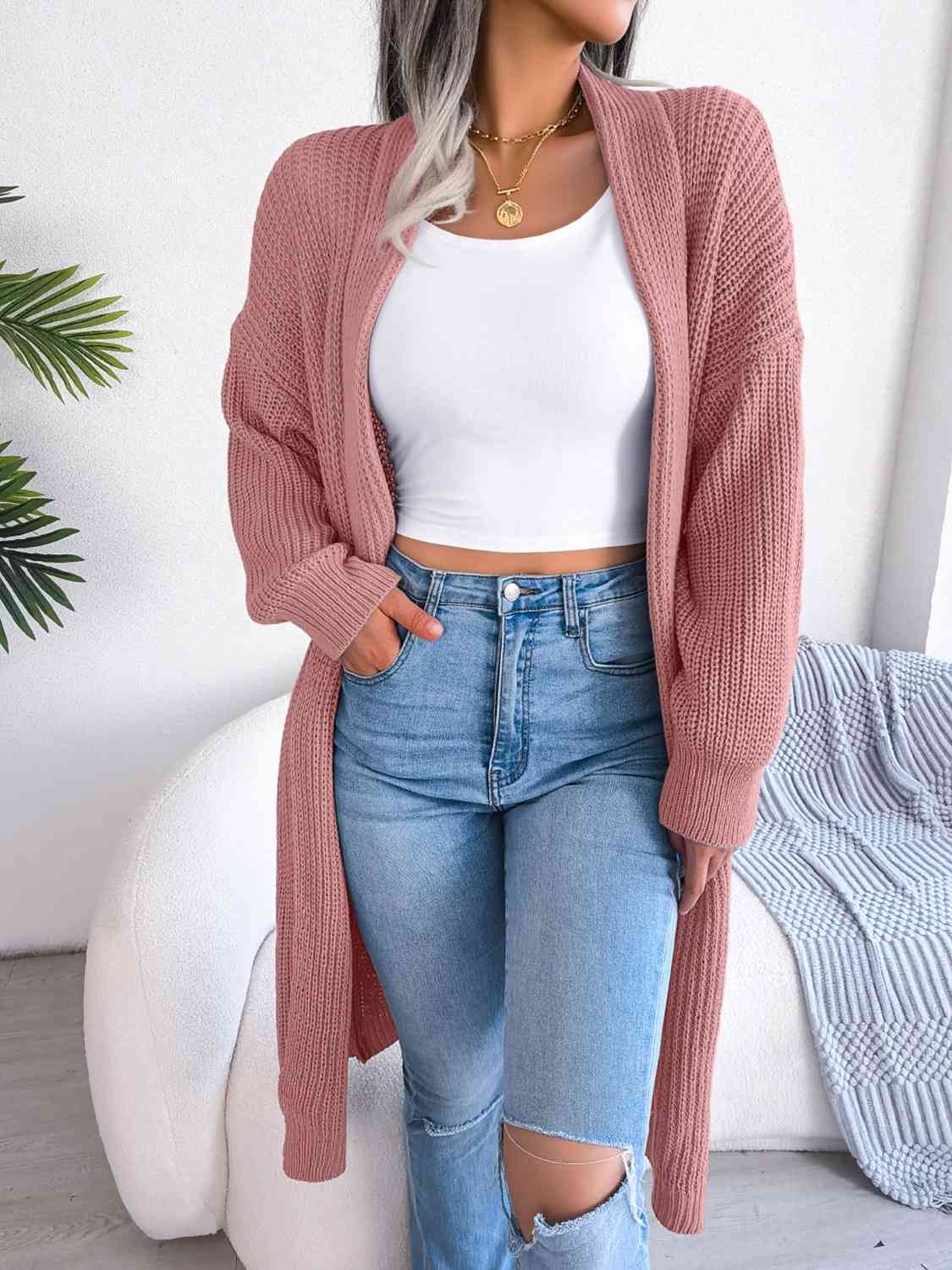 Open Front Dropped Shoulder Longline Cardigan - TRENDMELO