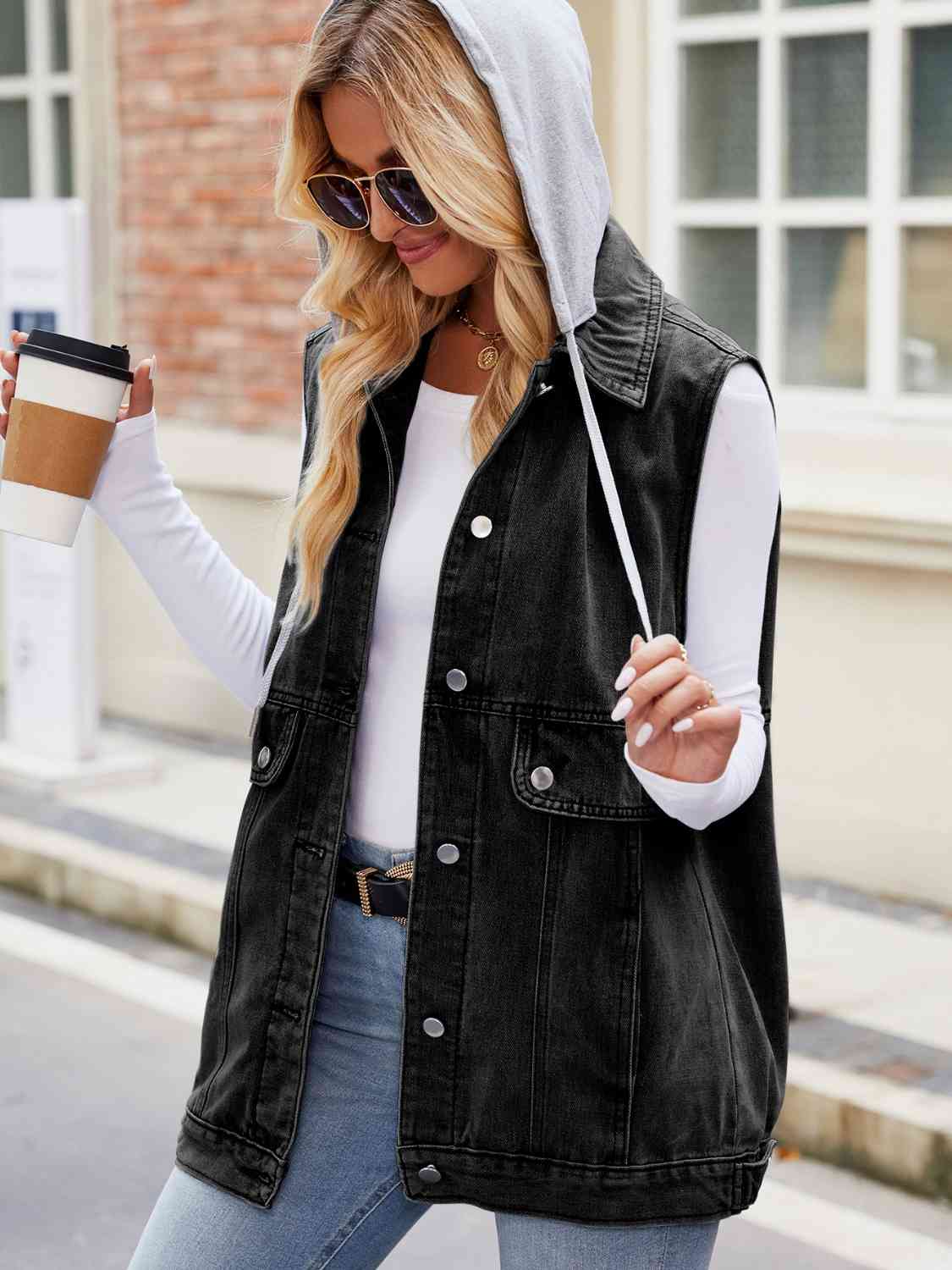 Drawstring Hooded Sleeveless Denim Jacket - TRENDMELO