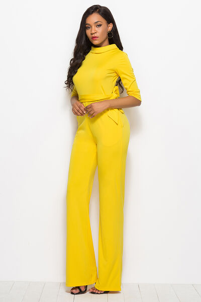 Mock Neck Tie-Waist Half Sleeve Jumpsuit - TRENDMELO