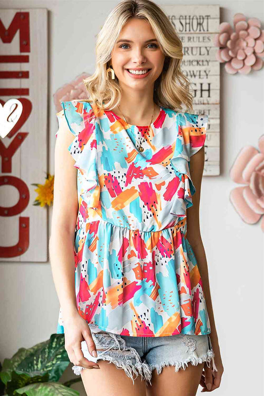 Printed Round Neck Ruffled Peplum Top - TRENDMELO