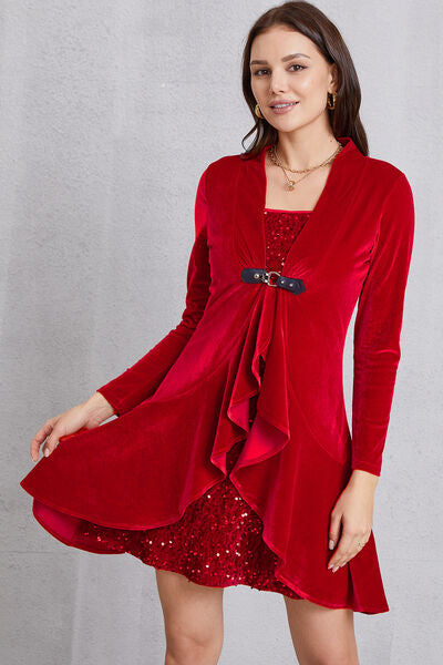 Sequin Ruffle Hem Long Sleeve Mini Dress - TRENDMELO