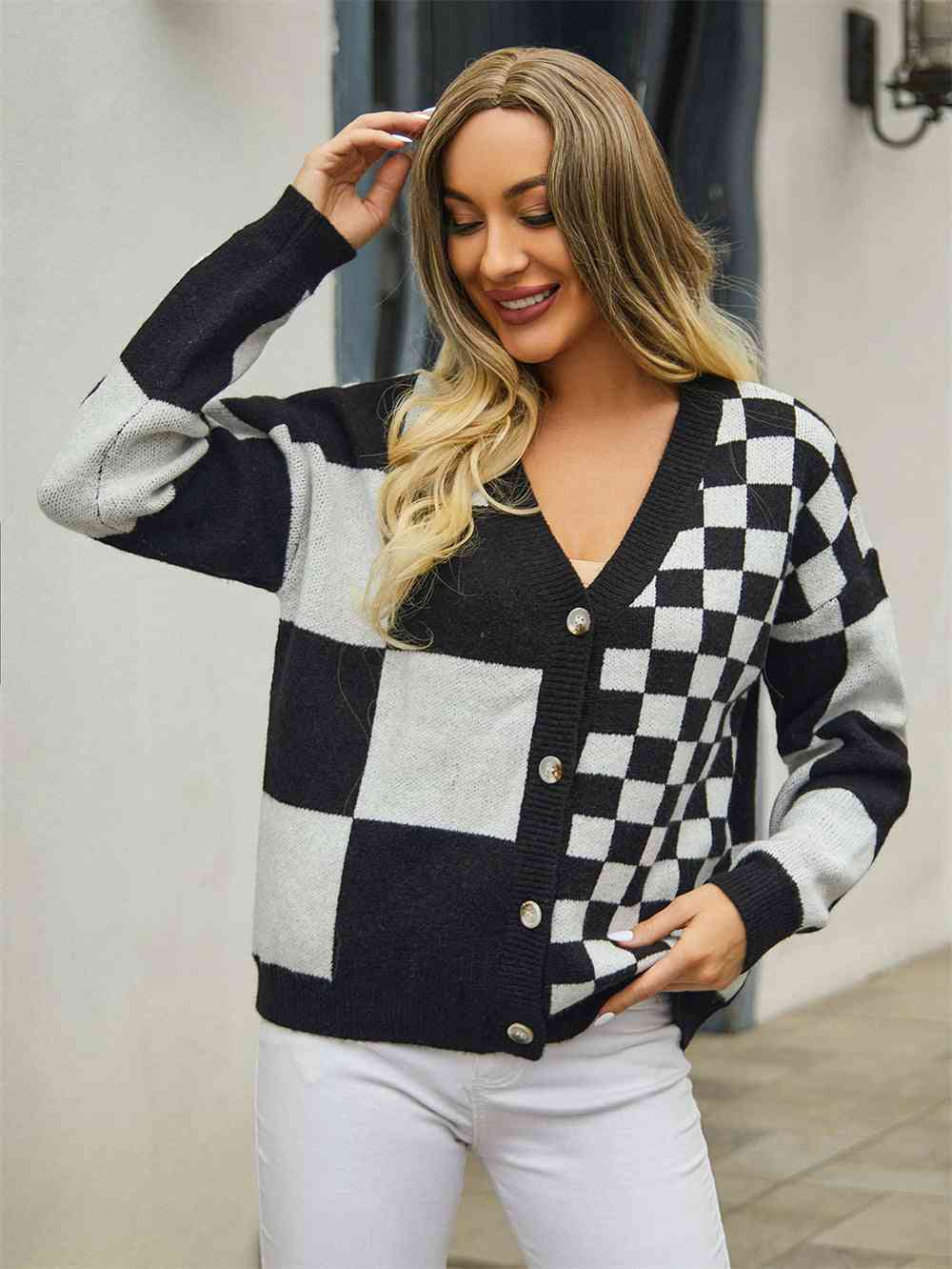 Plaid V-Neck Dropped Shoulder Cardigan - TRENDMELO