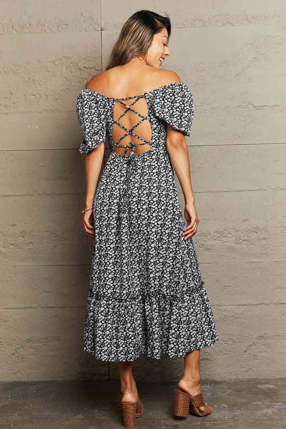 Floral Lace-Up Off-Shoulder Midi Dress - TRENDMELO