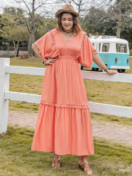 Plus Size Tassel Trim V-Neck Short Sleeve Ruffle Hem Dress - TRENDMELO