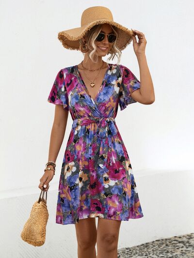 Printed Surplice Tie Waist Mini Dress - TRENDMELO