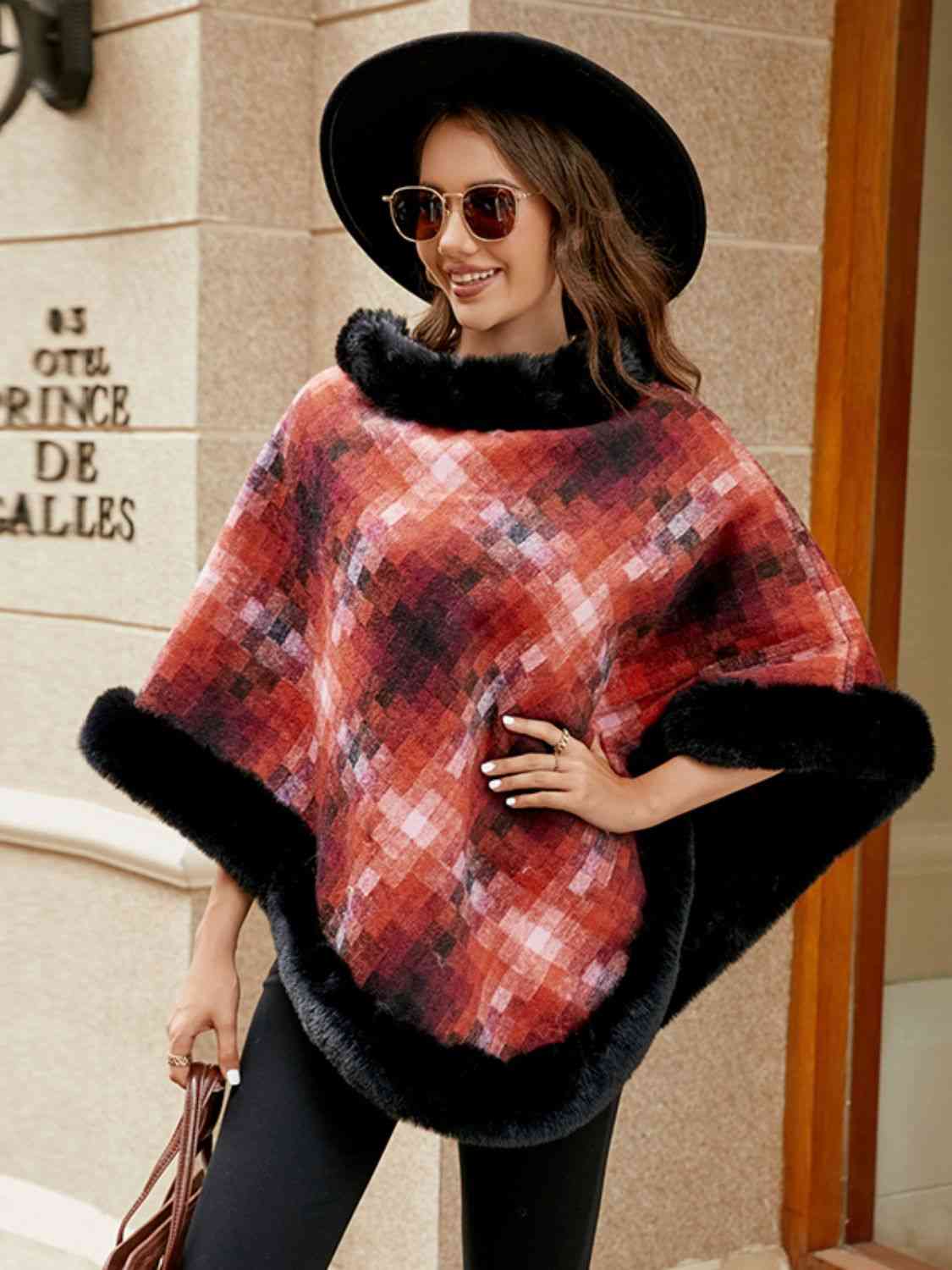 Faux Fur Trim Poncho - TRENDMELO