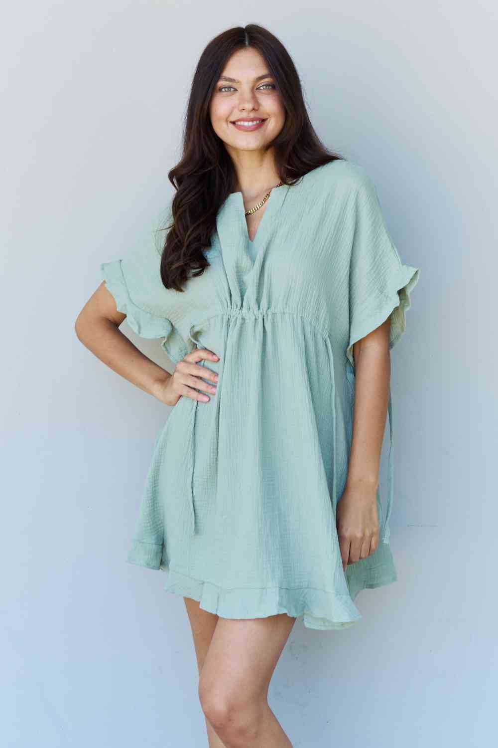 Ninexis Out Of Time Full Size Ruffle Hem Dress with Drawstring Waistband in Light Sage - TRENDMELO