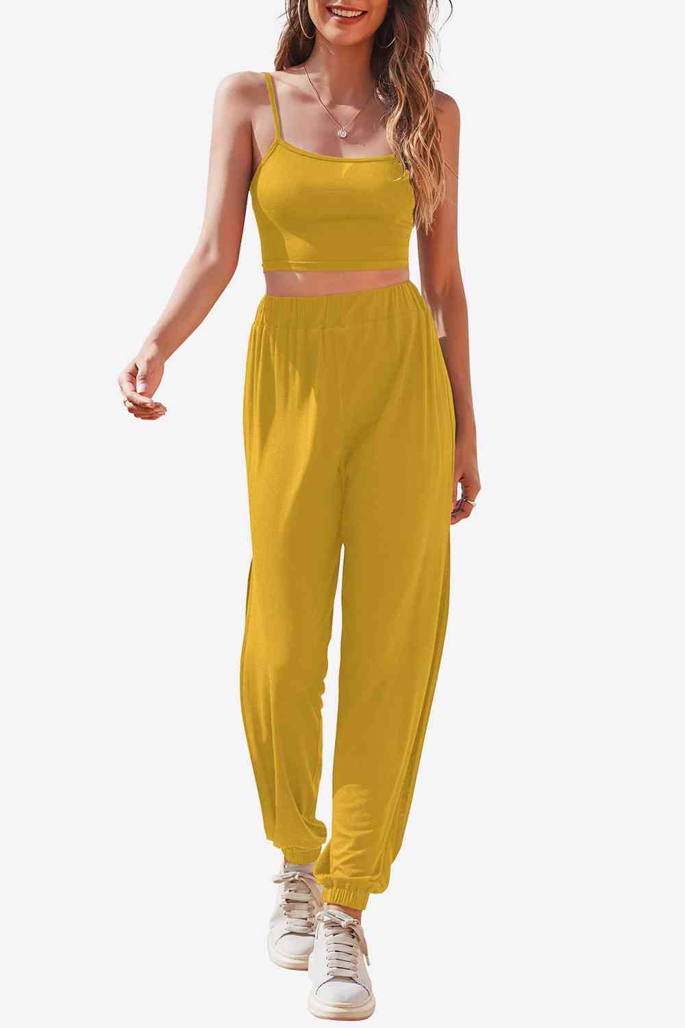 Cropped Cami and Side Split Joggers Set - TRENDMELO