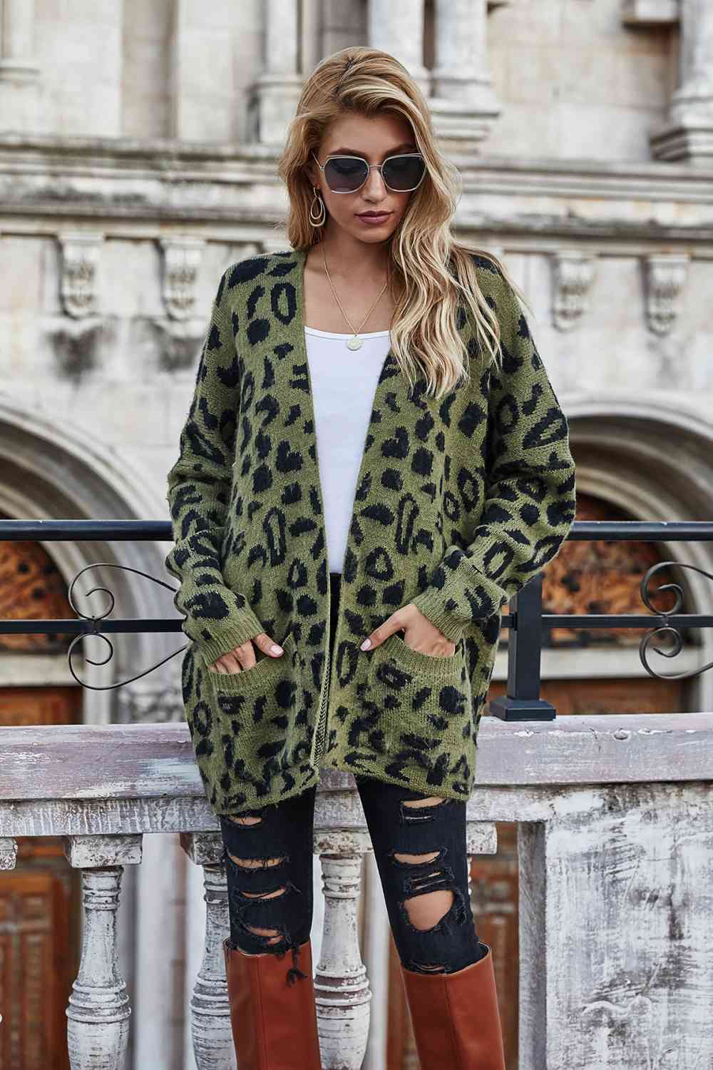 Leopard Longline Cardigan with Pockets - TRENDMELO