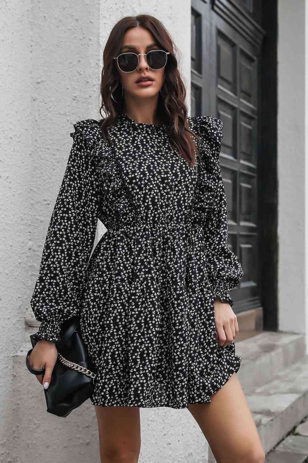 Printed Ruffle Trim Smocked Long Sleeve Mini Dress - TRENDMELO