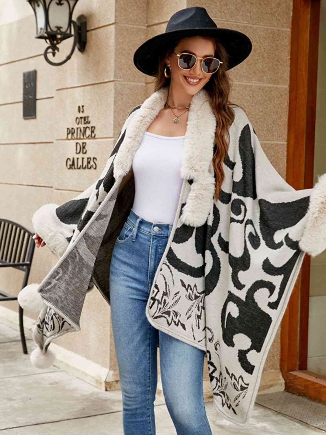 Faux Fur Trim Poncho - TRENDMELO